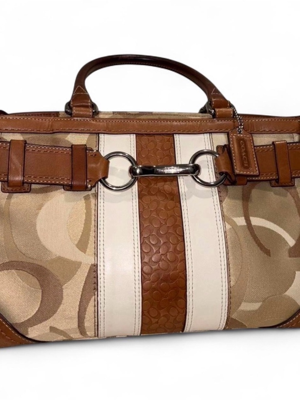 Coach Brown and Cream Signature Stripe Satchel